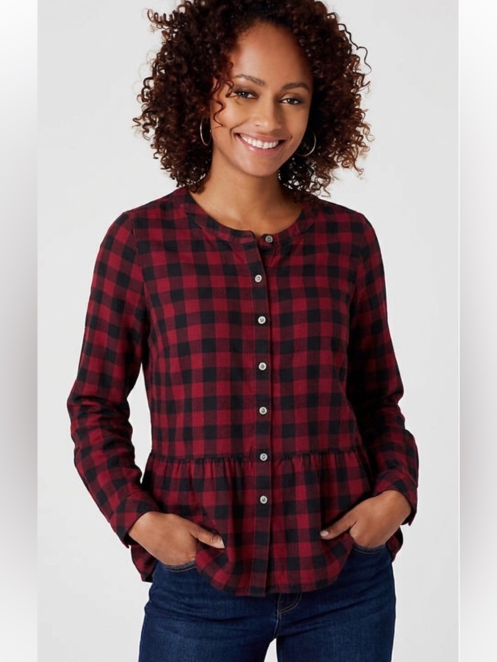 J. Jill size M soft Red and buffalo Black Plaid Button Front Peplum blouse